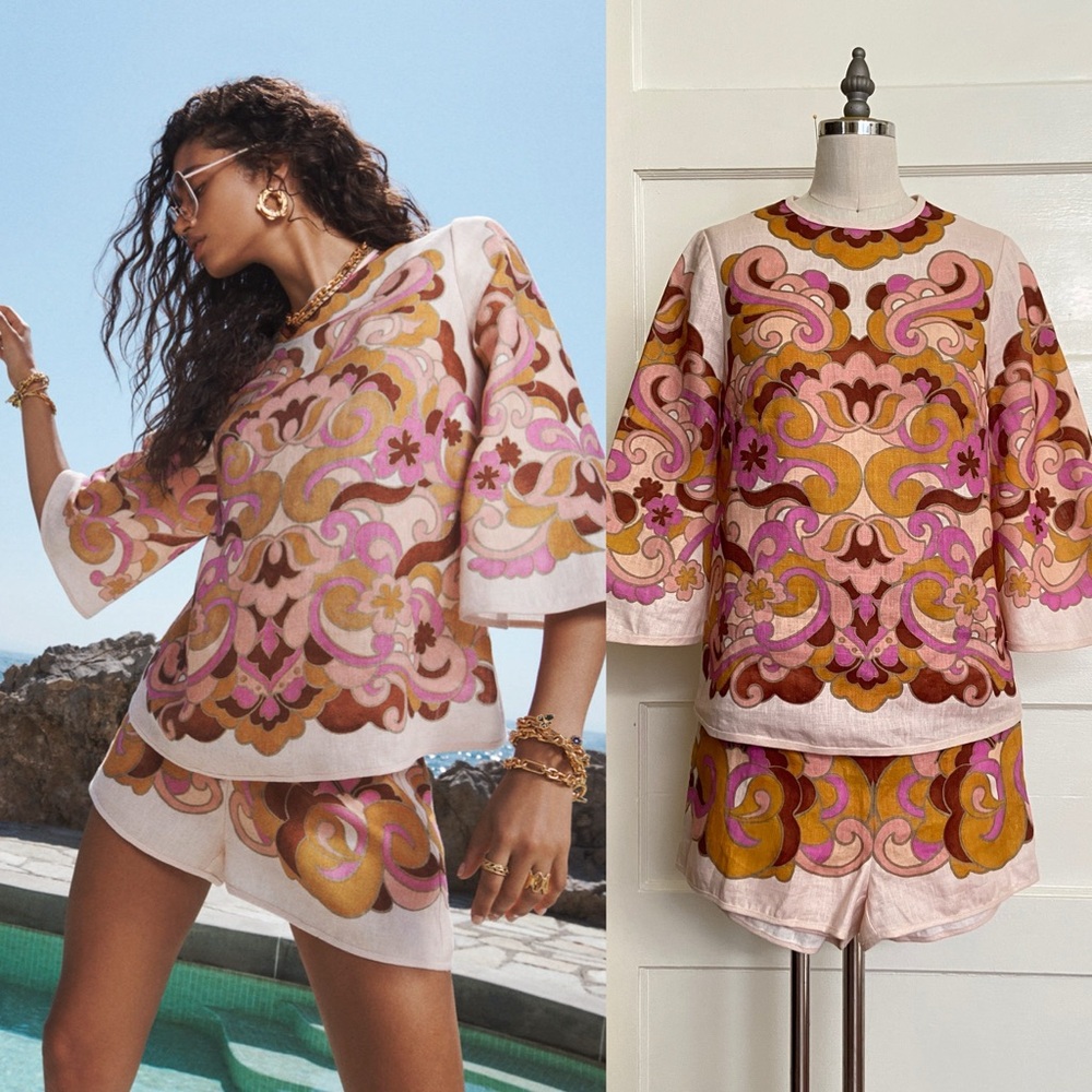 $900 Zimmermann Acadian Paisley Linen Tunic Shorts Set